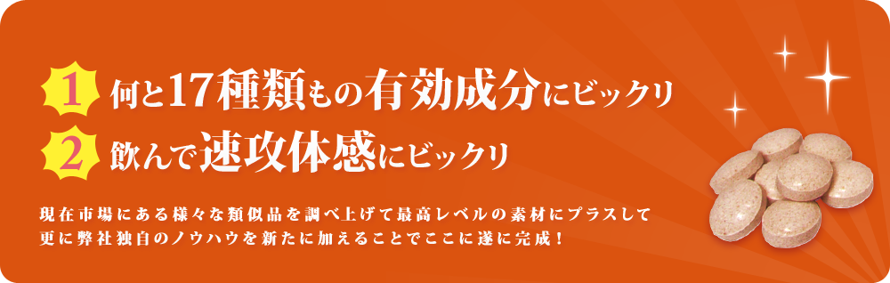 1 何と17種類もの有効成分にビックリ 2 飲んで速攻体感にビックリ 現在市場にある様々な類似品を調べ上げて最高レベルの素材にプラスして
更に弊社独自のノウハウを新たに加えることでここに遂に完成！